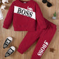 Letter Print Long Sleeve Boy Suit in red featuring 'Little Boss' design, ideal for toddlers aged 18 months to 6 years.