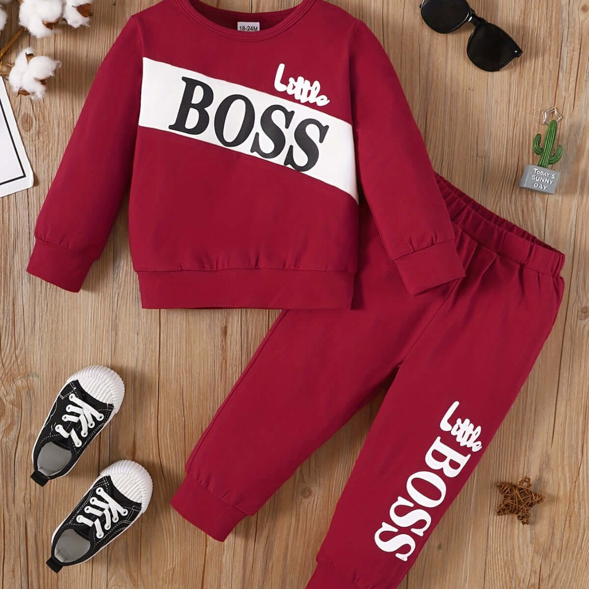 Letter Print Long Sleeve Boy Suit in red featuring 'Little Boss' design, ideal for toddlers aged 18 months to 6 years.