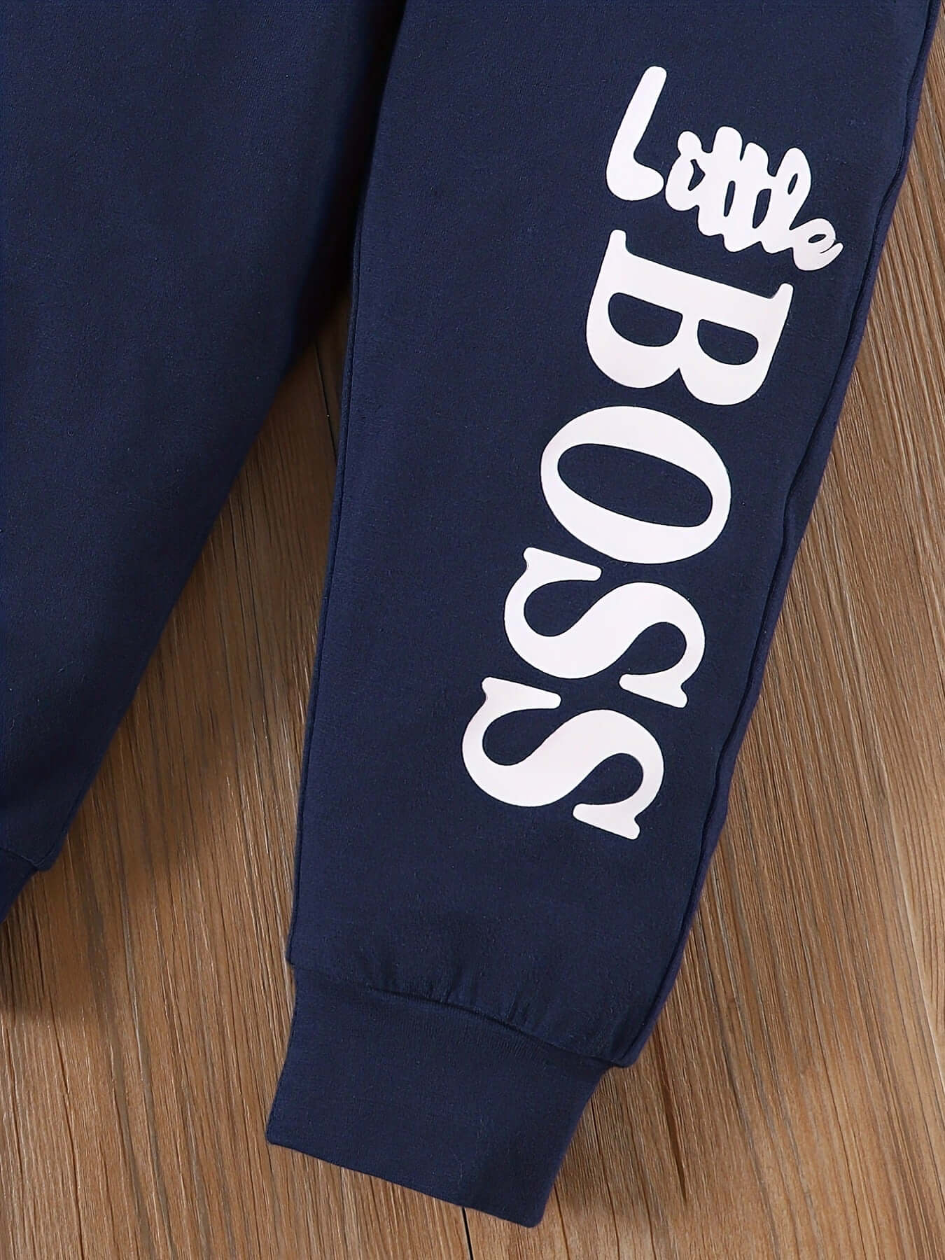 Letter Print Long Sleeve Boy Suit featuring navy shirt with 'Little BOSS' text design.