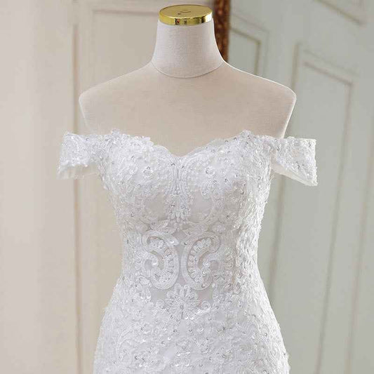 Mariangela High Waist White Temperament Dream Lace Mid-waist Long Tail V-neck Wedding Dress