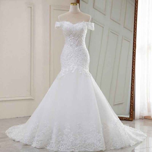 Mariangela High Waist White Temperament Dream Lace Mid-waist Long Tail V-neck Wedding Dress