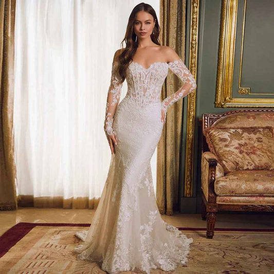 Mariangela Off-shoulder Lace Long Sleeve Fishtail Gown
