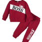 Letter Print Long Sleeve Boy Suit in red featuring 'Little BOSS' print with matching pants.