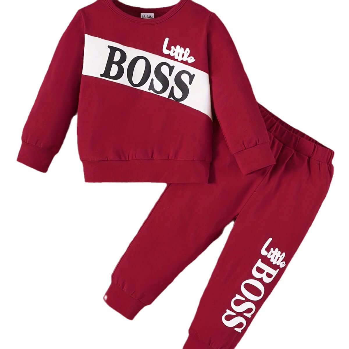 Letter Print Long Sleeve Boy Suit in red featuring 'Little BOSS' print with matching pants.