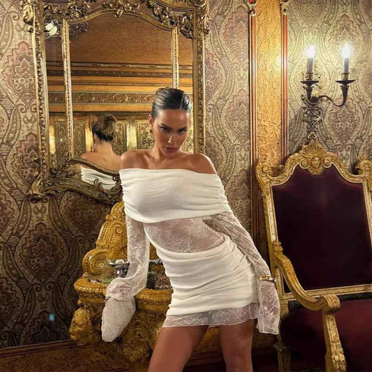 Ginevra – Off Shoulder Lace Slim Fit Pleated Short Party Dress