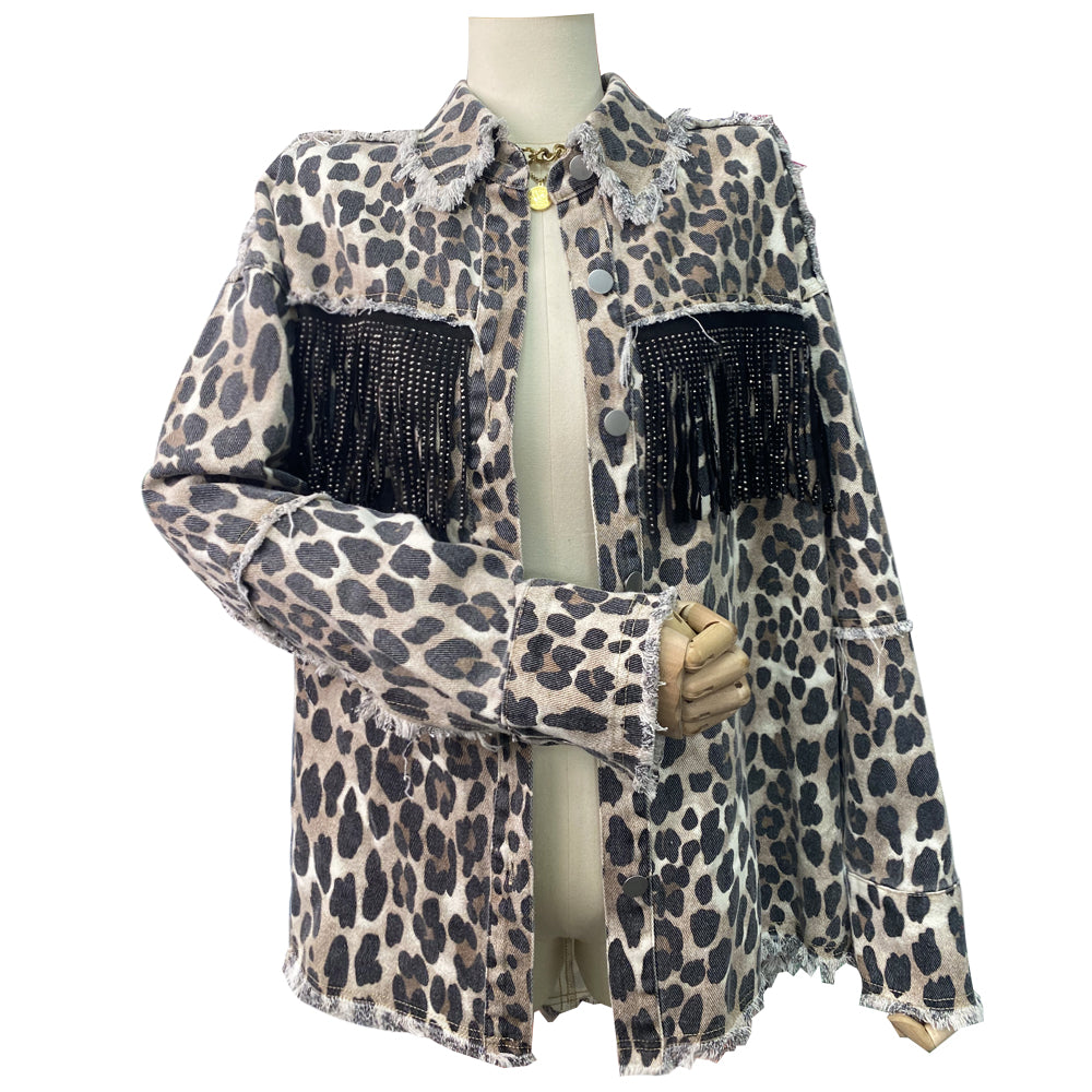 Maryangel Rebel leopard print denim jacket with distressed details and tassels, showcasing a trendy and stylish design.