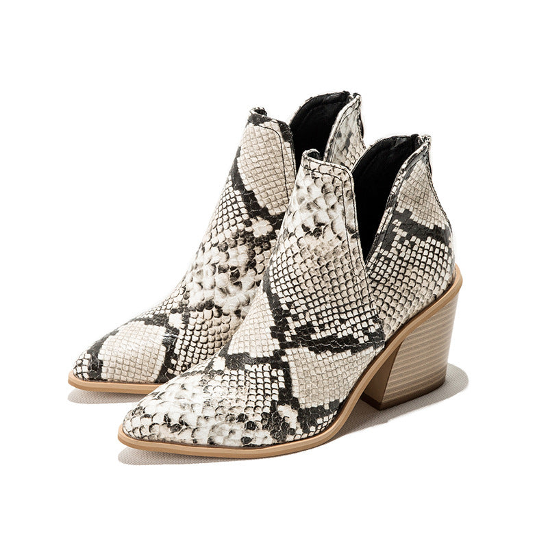 Leopard print high heel Martin boots for women with a chunky heel and pointed toe by Maryangel Rebel.