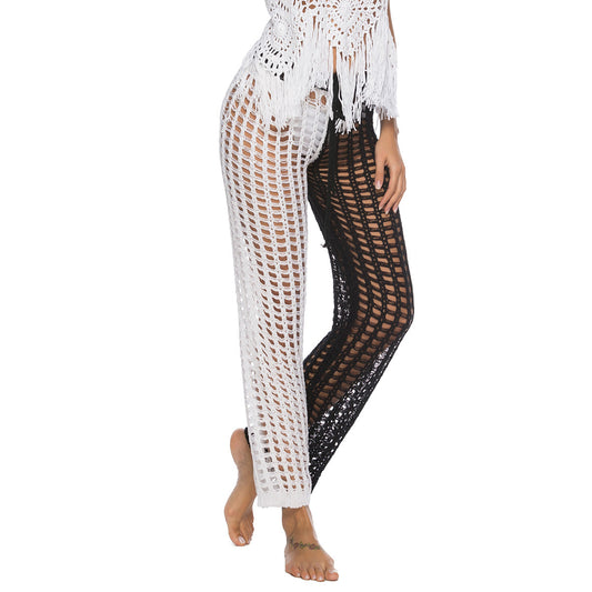 Nightclub Crocheted Hollow-out Two-color Trousers Sexy Belt Beach Pants