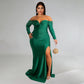 Plus size Maryangel Rebel sexy V neck maxi dress in solid color with high split, perfect for autumn and winter nights.