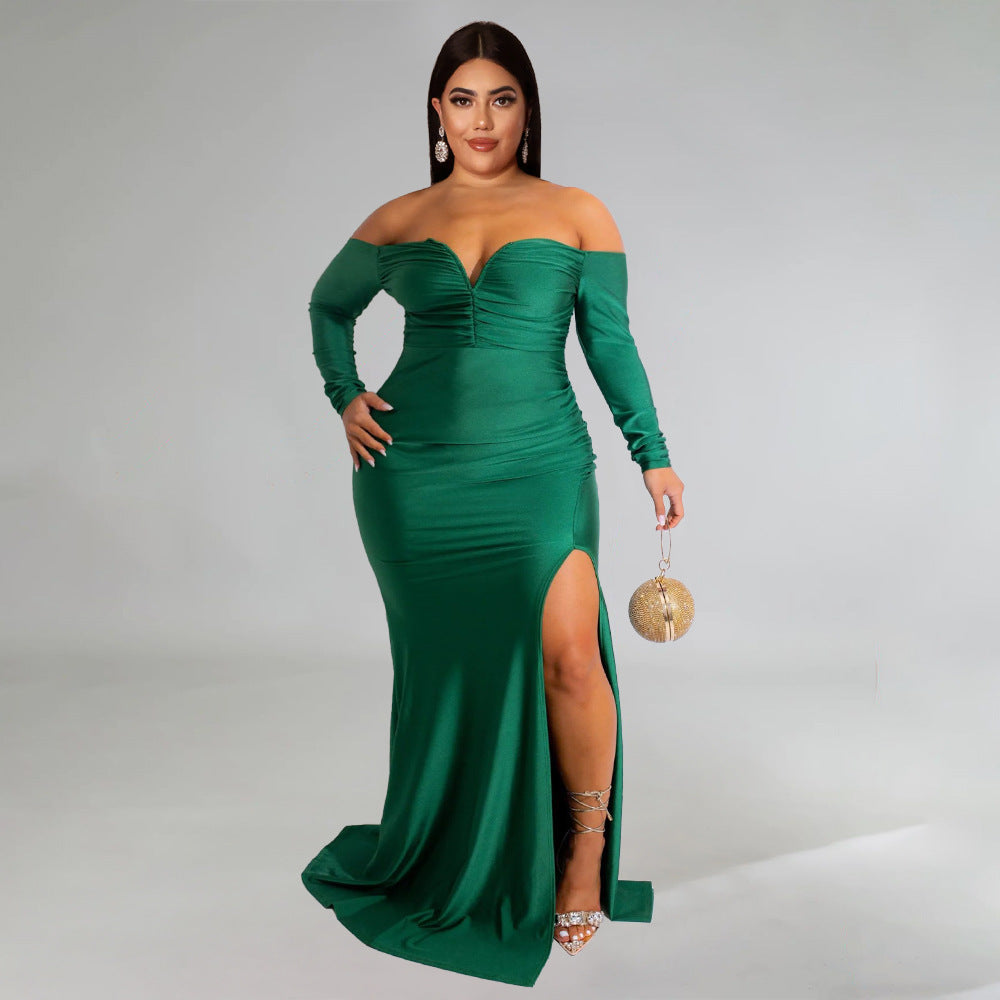 Plus size Maryangel Rebel sexy V neck maxi dress in solid color with high split, perfect for autumn and winter nights.