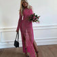 Women Clothes High Split Maxi Dress Mesh Rhinestone Round Neck Dress