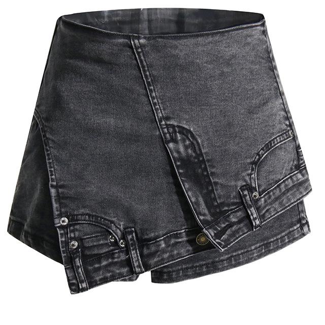 Maryangel Rebel high waist denim stitching shorts with an irregular asymmetric design in a washed worn style for women.