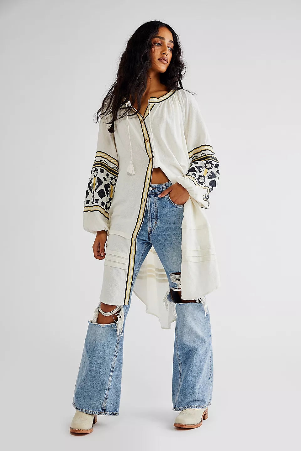 Women  Spring and Summer Elegant Vacation National Embroidered Loose Cardigan Dress