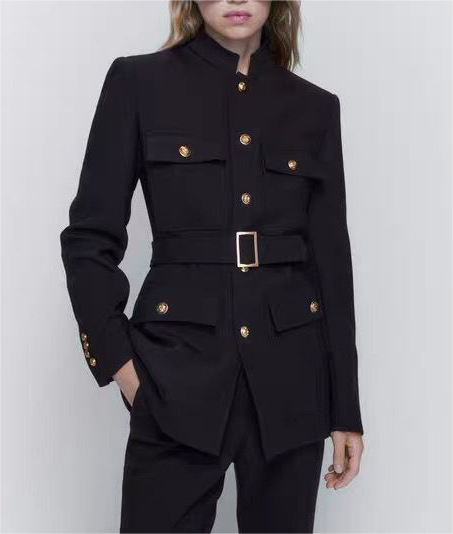 Belt Button Decoration Slim Fit Figure Flattering Blazer Coat