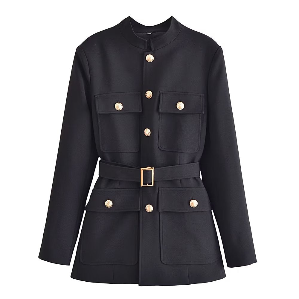 Belt Button Decoration Slim Fit Figure Flattering Blazer Coat