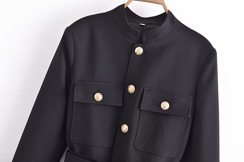 Belt Button Decoration Slim Fit Figure Flattering Blazer Coat