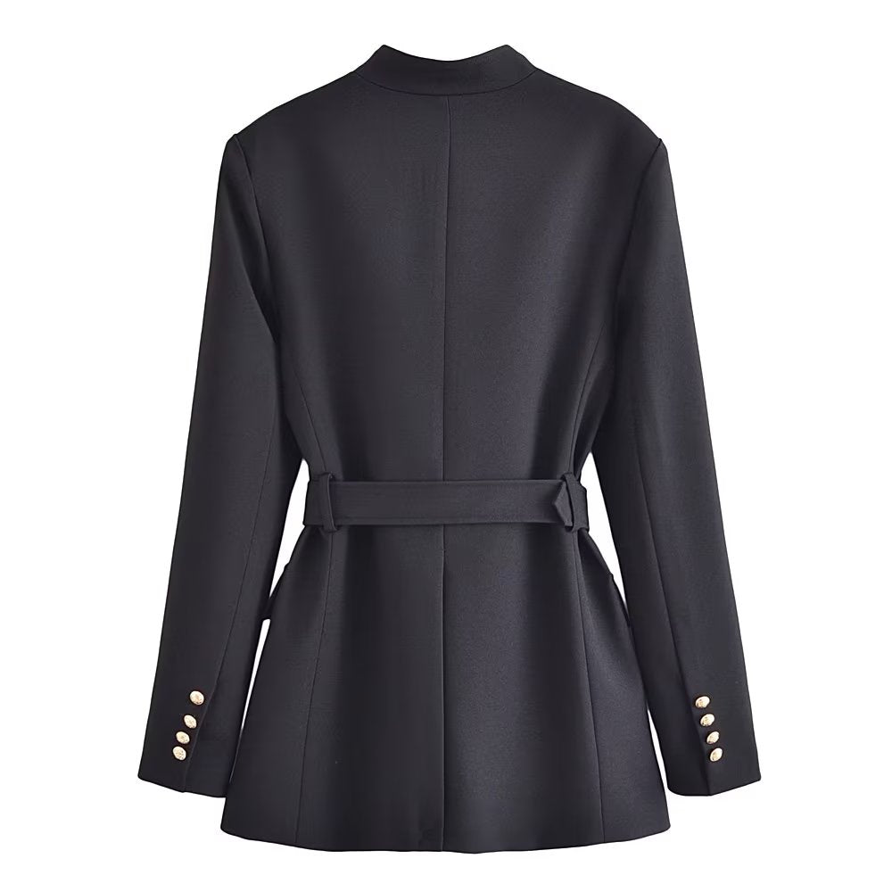 Belt Button Decoration Slim Fit Figure Flattering Blazer Coat