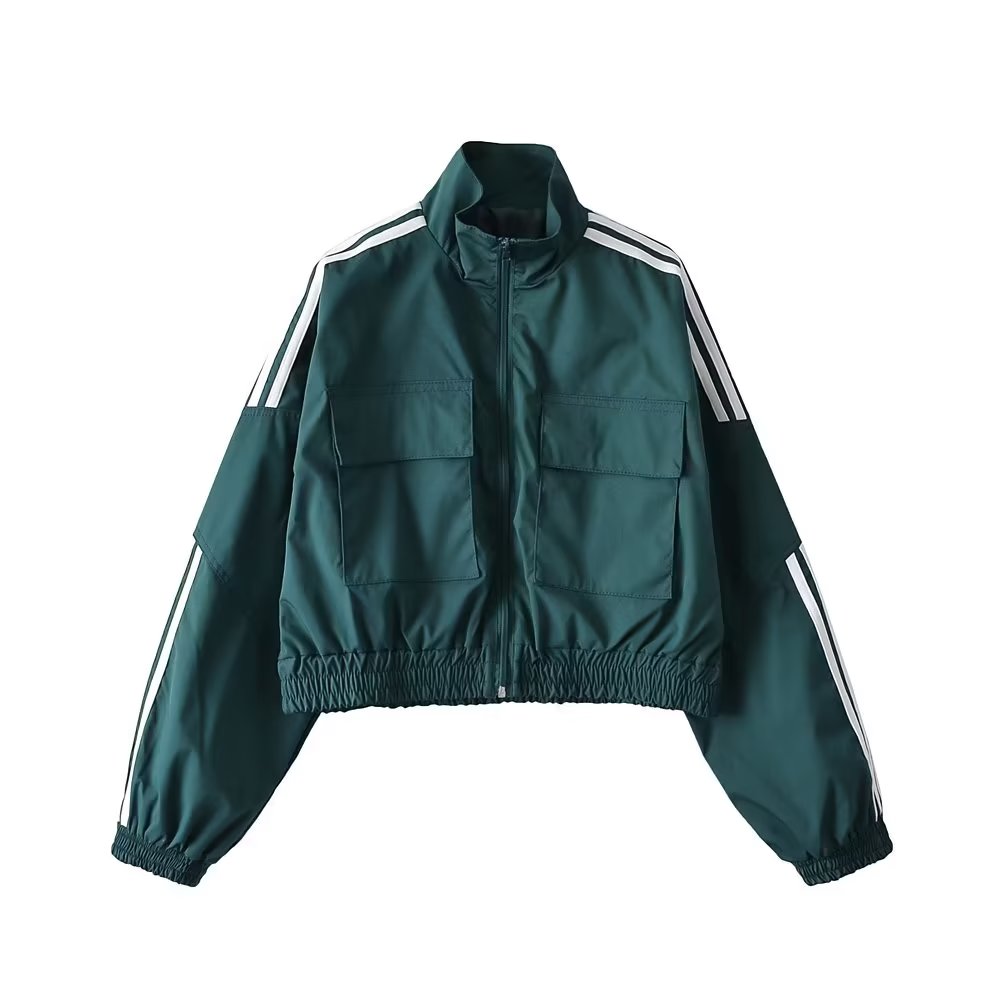 Col montant veste à glissière petit manteau rétro rue à manches longues trois barres couleur contraste taille courte serré Cardigan haut
