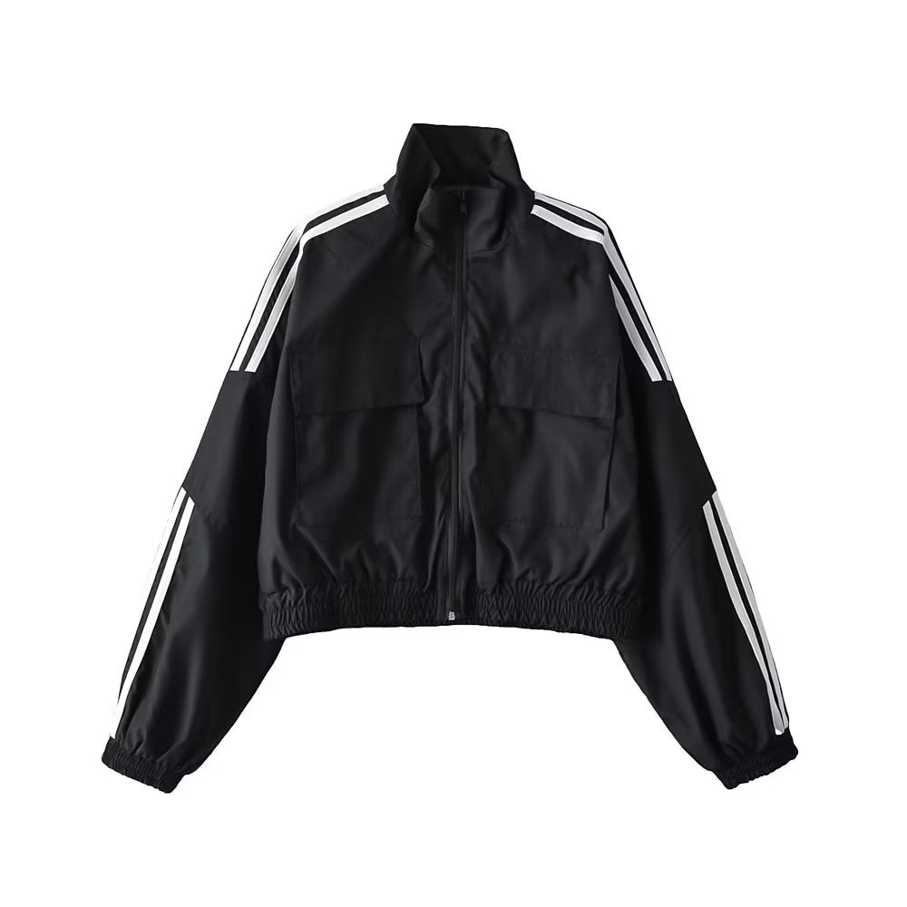 Col montant veste à glissière petit manteau rétro rue à manches longues trois barres couleur contraste taille courte serré Cardigan haut