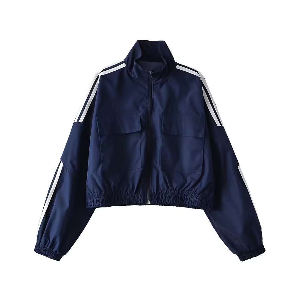 Col montant veste à glissière petit manteau rétro rue à manches longues trois barres couleur contraste taille courte serré Cardigan haut