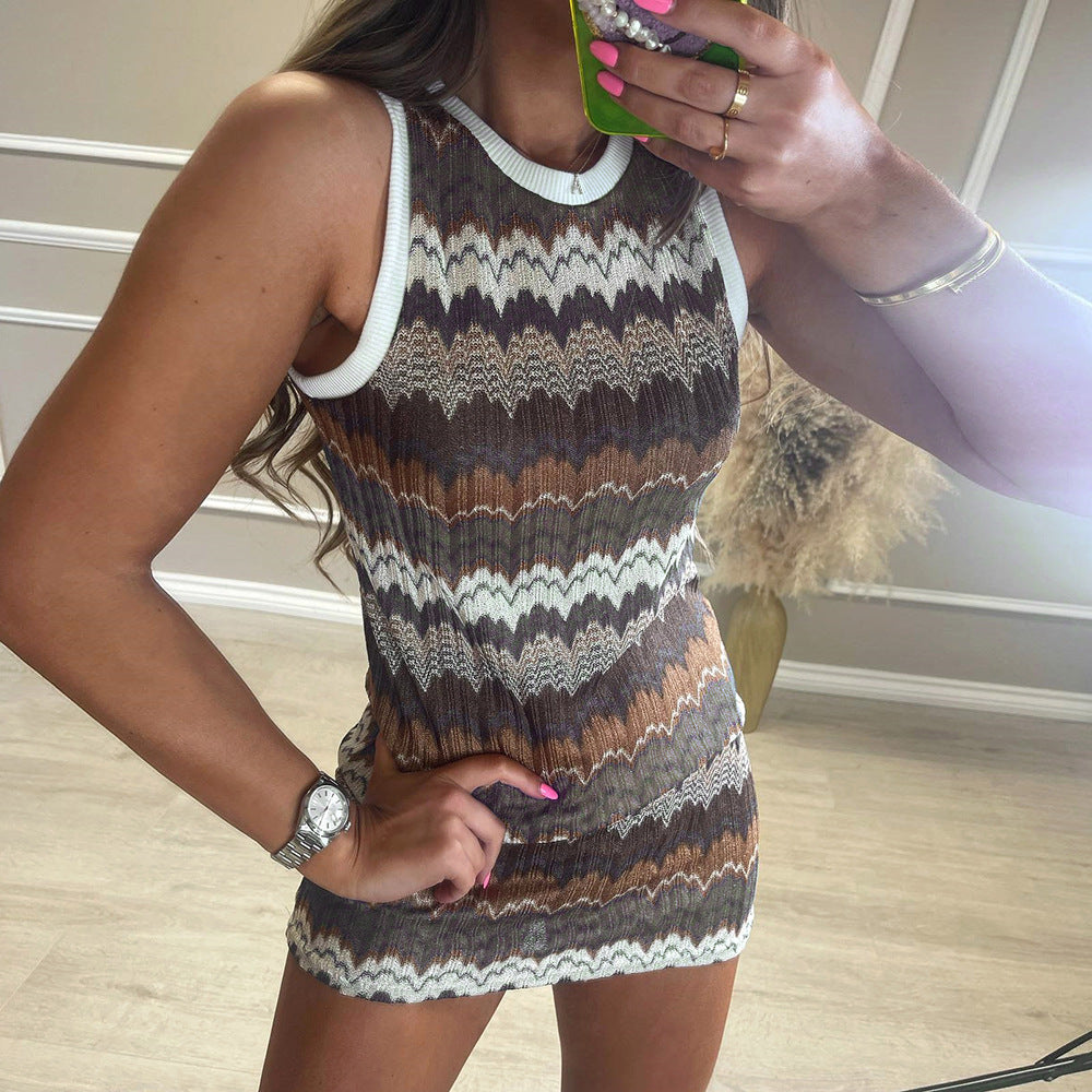 Spring pattern print round neck dress in contrast colors by Maryangel Rebel, featuring a sexy, stylish design for women.