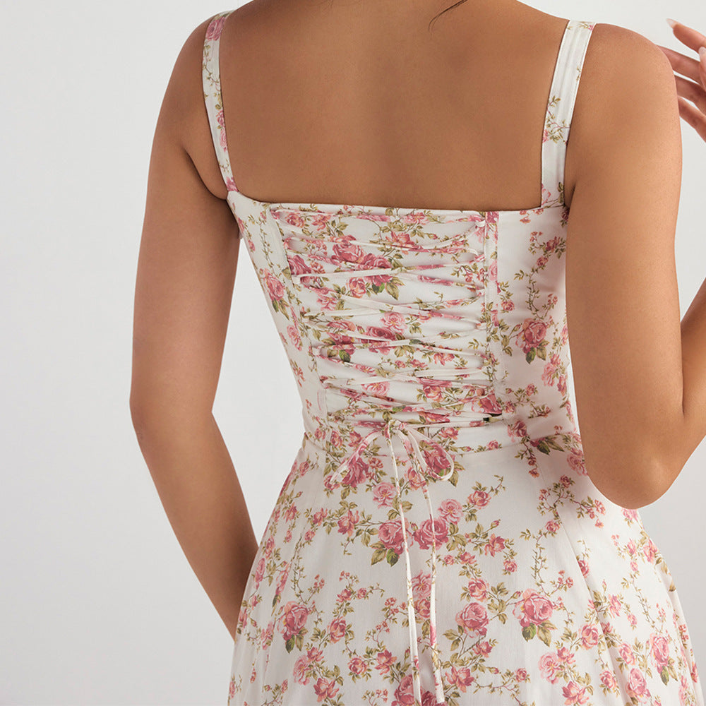 Women  Clothing Sexy Backless Slim Fit Strap Dress Vacation Floral Split Mid Length Dress
