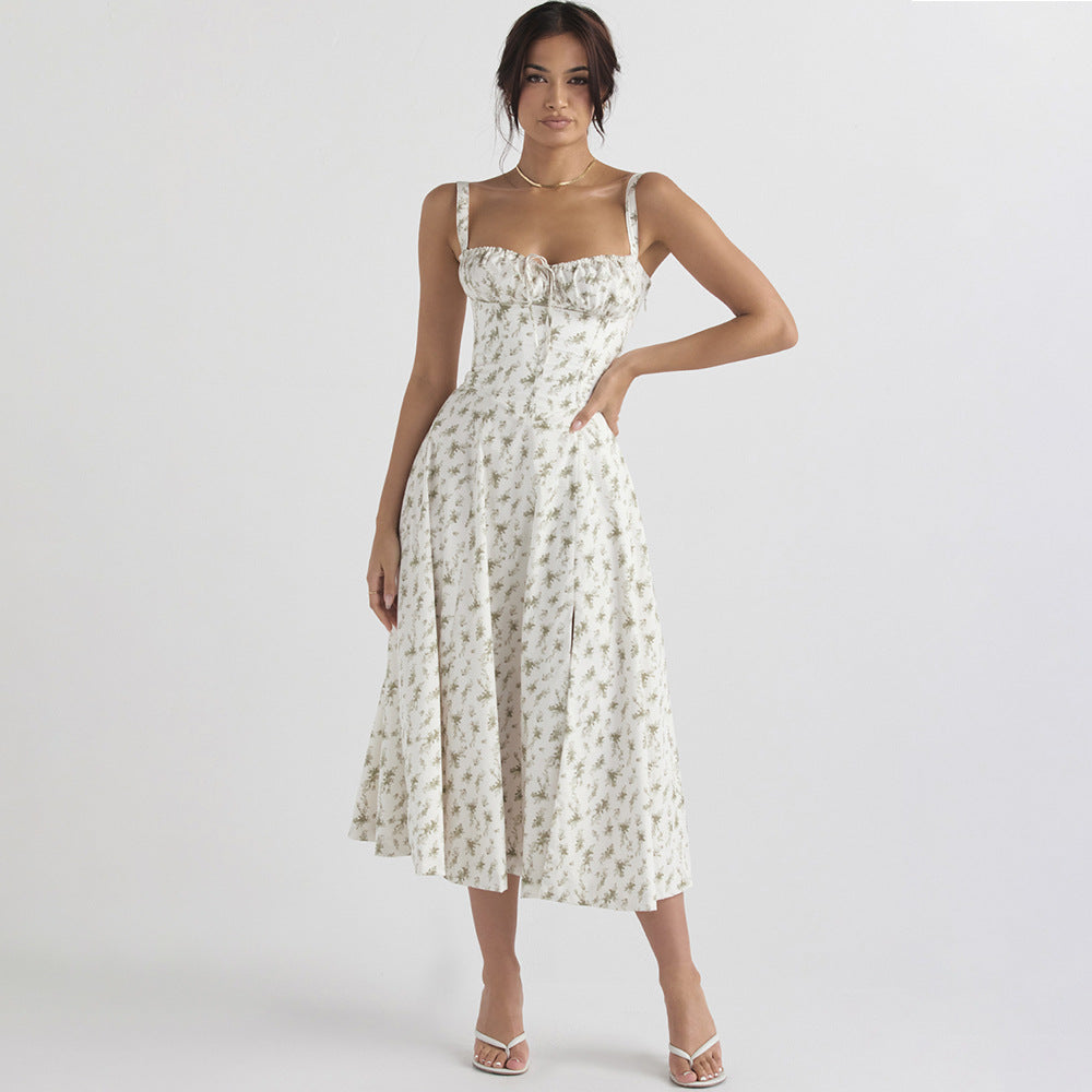 Women  Clothing Sexy Backless Slim Fit Strap Dress Vacation Floral Split Mid Length Dress