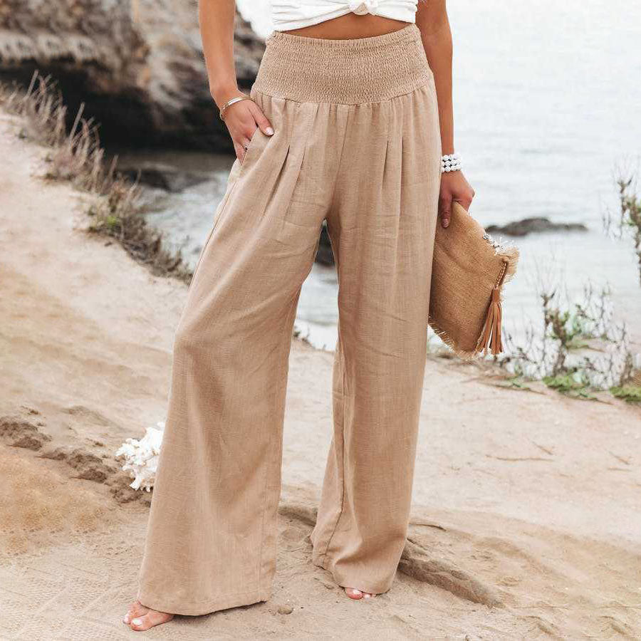 Maryangel Rebel women's cotton linen wide leg pants in solid color with elastic waist, perfect for casual summer wear.