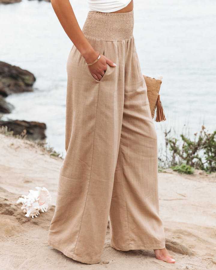 Maryangel Rebel women's cotton linen wide leg pants in solid color with elastic waist, perfect for casual spring and summer wear.