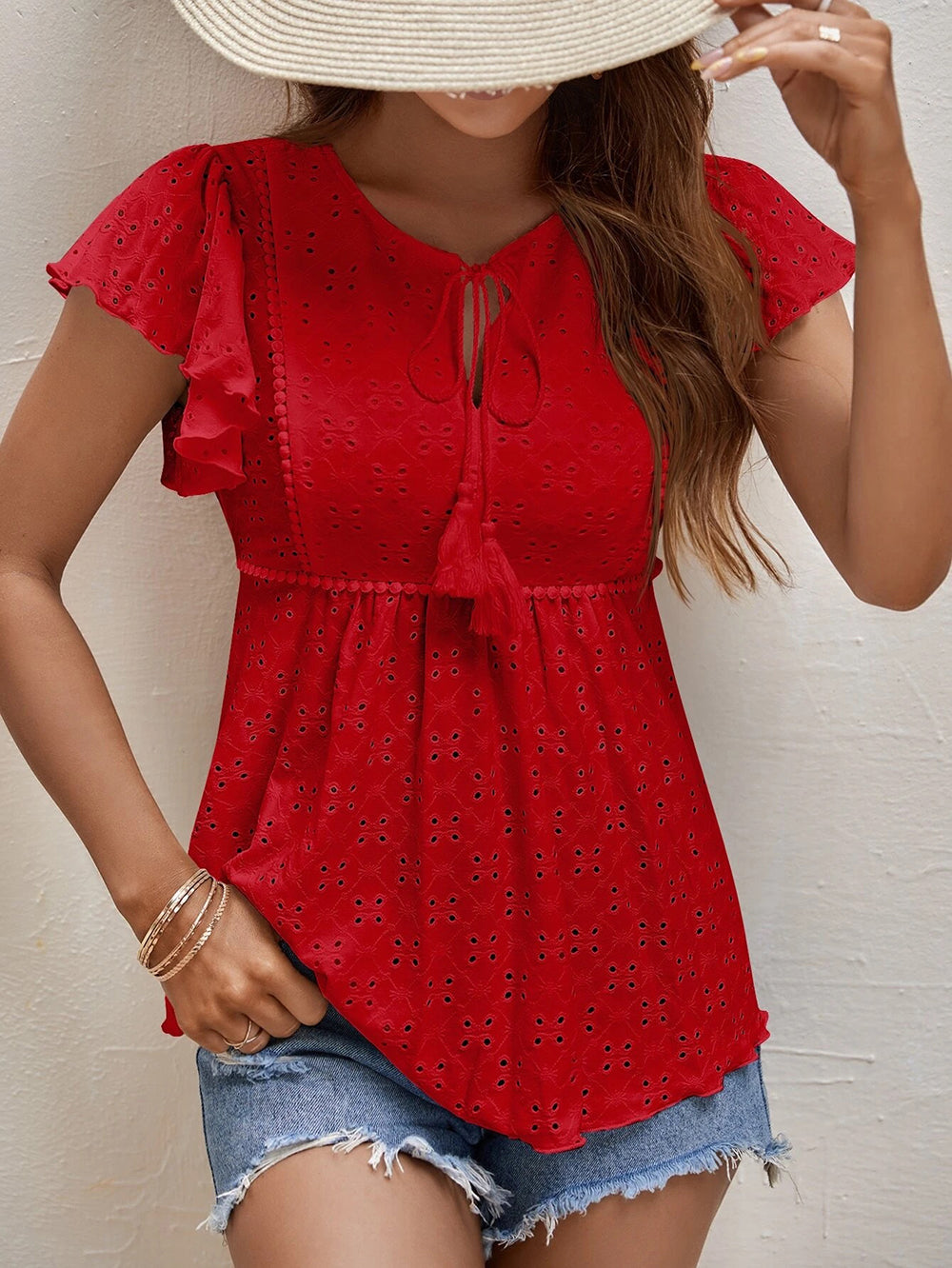 Maryangel Rebel women's elegant solid color jacquard t-shirt top with ruffle sleeves for spring and summer.