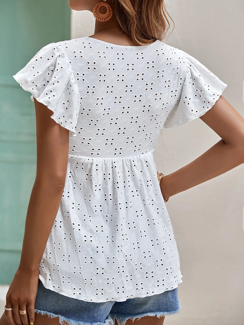 Maryangel Rebel women's solid color jacquard t-shirt top with ruffle sleeves in a stylish spring summer design.
