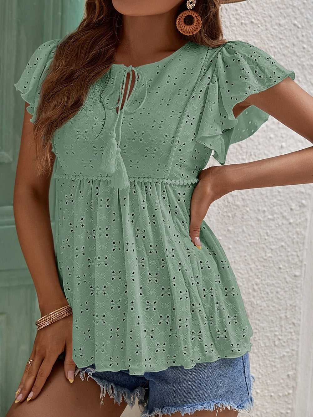 Maryangel Rebel women's solid color jacquard ruffle sleeve elegant T-shirt top in a stylish spring summer design.