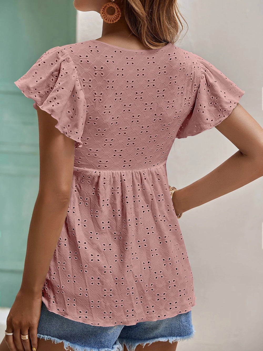 Elegant Maryangel Rebel women's solid color jacquard T-shirt top with ruffle sleeves for spring and summer fashion.