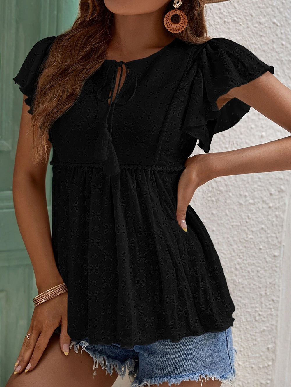 Maryangel Rebel women's solid color jacquard t-shirt top with elegant ruffle sleeves, perfect for spring and summer.
