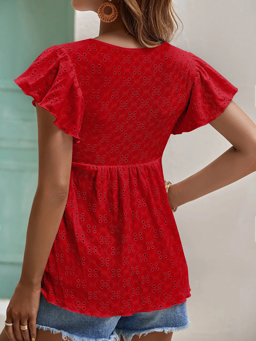 Maryangel Rebel women's elegant solid color jacquard T-shirt top with ruffle sleeves for spring and summer.