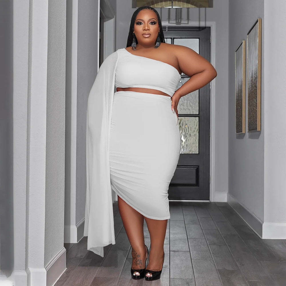 Plus size women's two-piece set by Maryangel Rebel featuring high elastic diagonal collar and long train sleeves.
