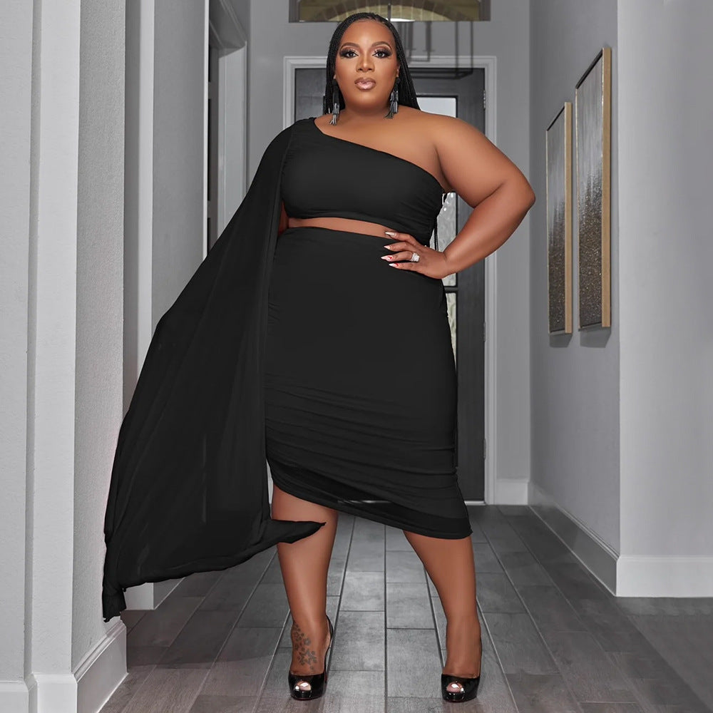 Plus size women's two-piece set by Maryangel Rebel featuring a high elastic diagonal collar and long train sleeves.