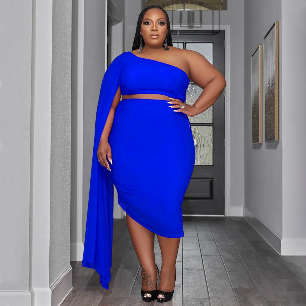 Plus size women's two-piece set by Maryangel Rebel featuring a high elastic diagonal collar and long train sleeves.