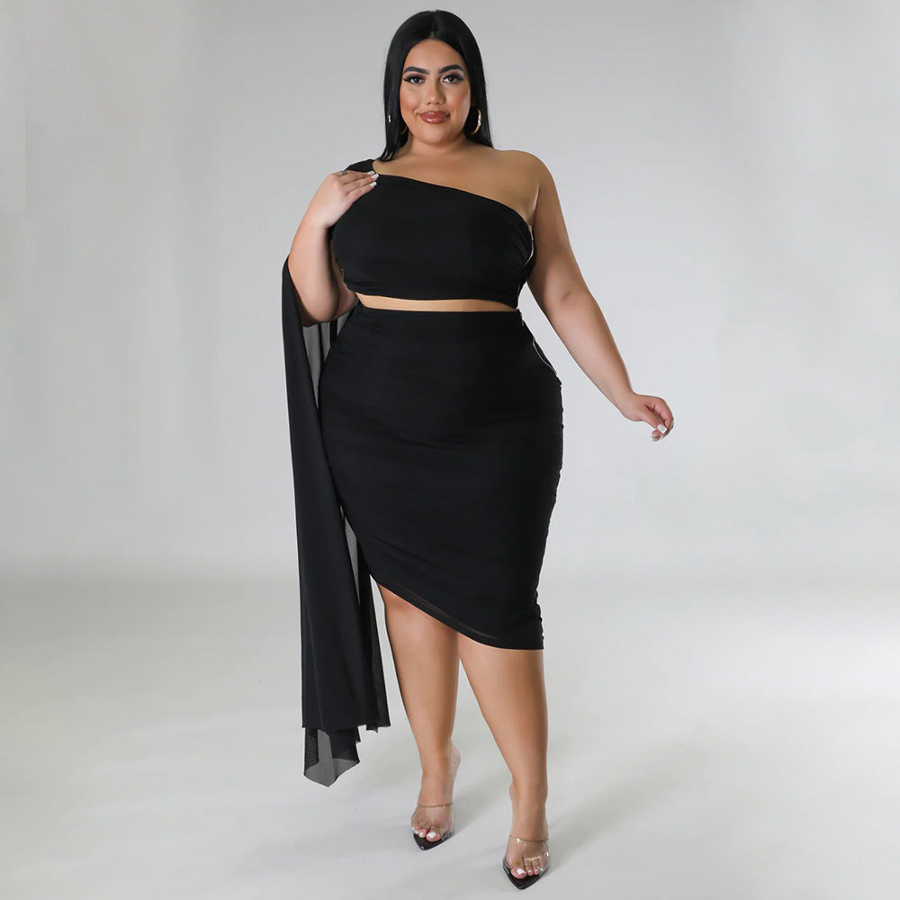 Plus size women's two-piece set by Maryangel Rebel featuring high elastic diagonal collar and long train sleeves.