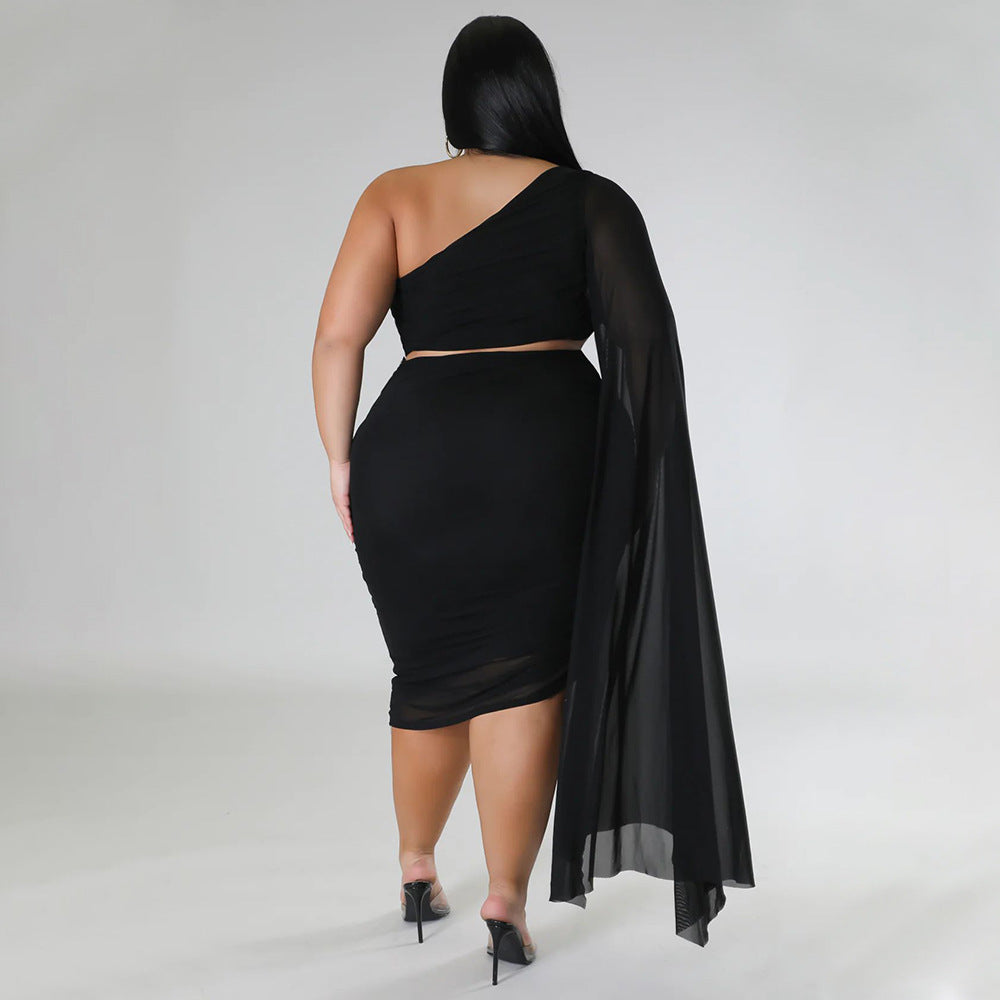 Plus size women's two-piece set by Maryangel Rebel with high elastic diagonal collar and long train sleeves.