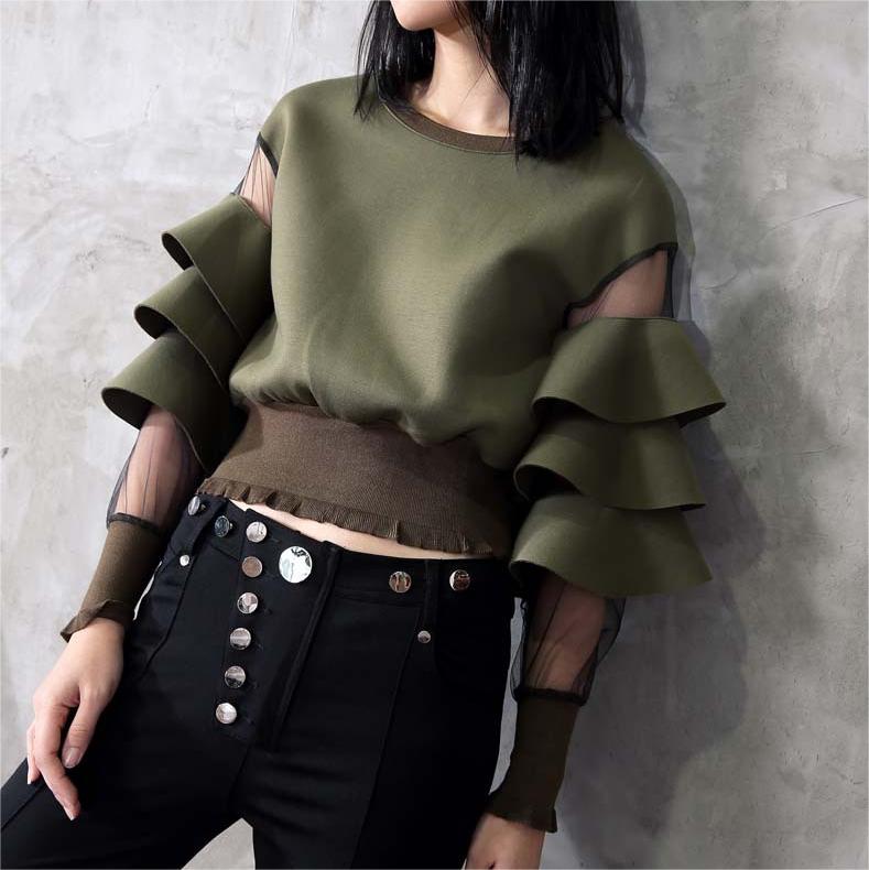 Air Layer Stitching Mesh See Through Ruffled Thread Cuff Hem Short Sweater Femme