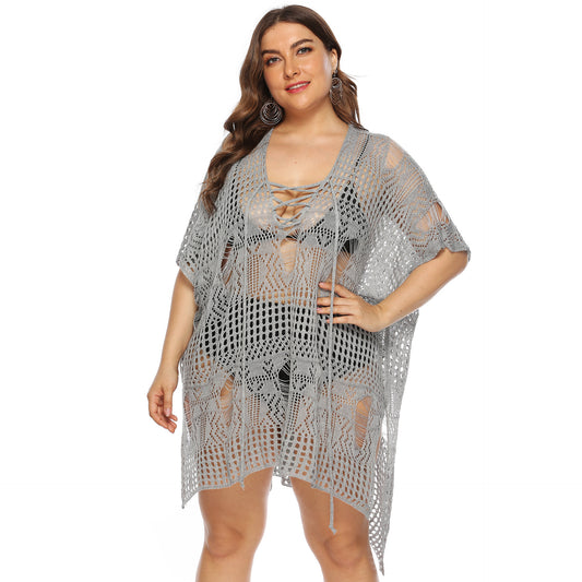Plus Size Women Clothing Loose Irregular Asymmetric Hollow Out Cutout out See-through Beach Cover Up