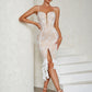 This image features an elegant bandage dress designed for formal occasions. The dress incorporates a blend of lace, tulle, and fishnet elements, adding a touch of sophistication and allure.