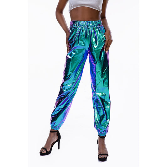 Maryangel Rebel shiny hologram trousers for women, featuring a loose fit and colorful design ideal for casual or party wear.