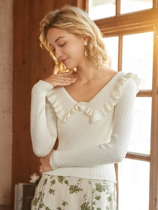 Women Autumn and Winter New Elegant Lapel Wood ear Slim fit Sweater