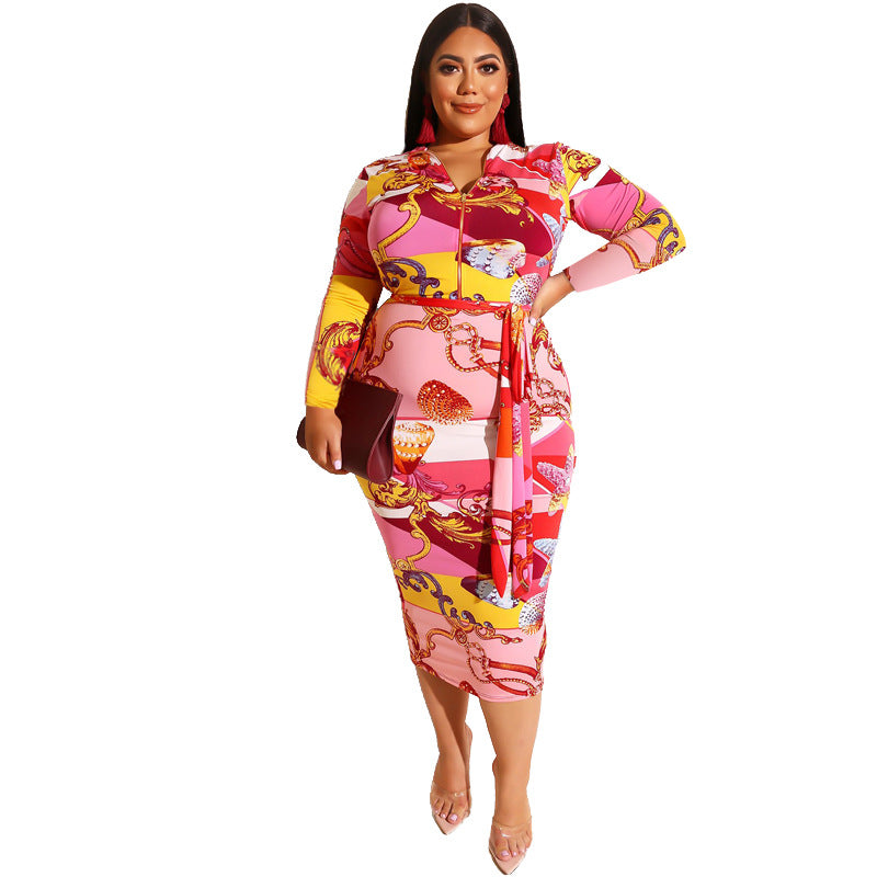 Plus size Maryangel Rebel printed skinny sheath dress with zipper front and back, showcasing a stylish and form-fitting design.