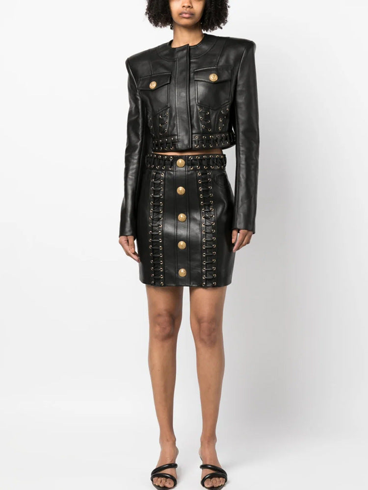 Round Neck Heavy Industry Rope Slim Short Leather Jacket Coat Two Piece Skirt Sets