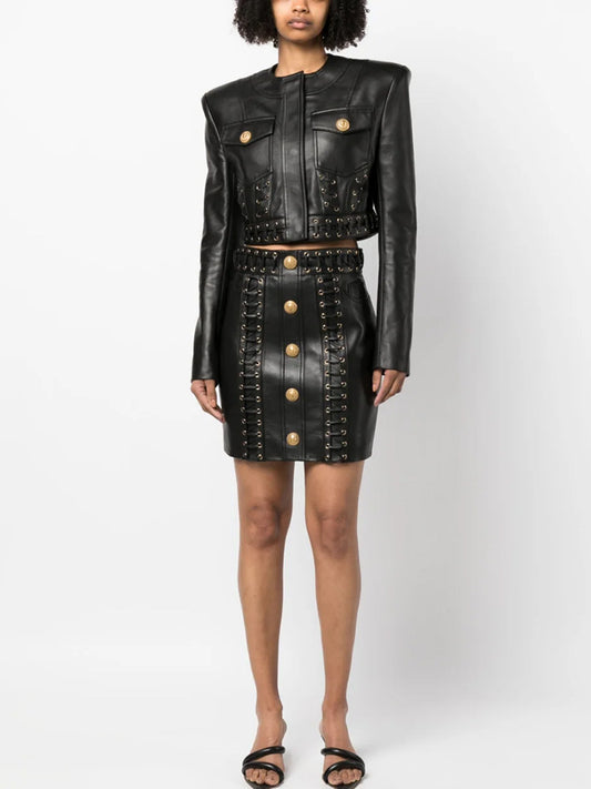 Round Neck Heavy Industry Rope Slim Short Leather Jacket Coat Two Piece Skirt Sets