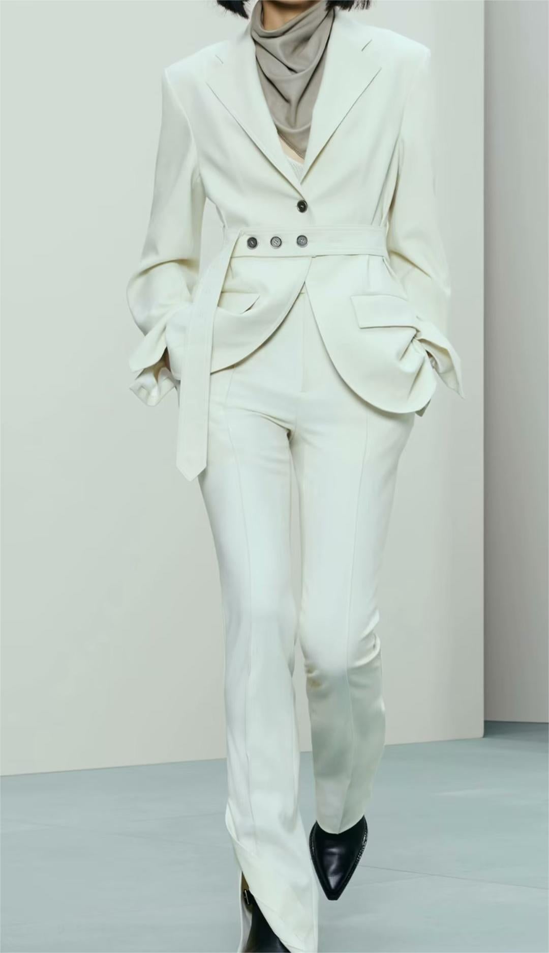 Women Clothing French With Multi Purpose Belt Straight Cut Blazer