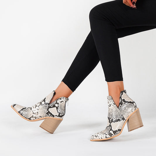 Leopard print high heel ankle boots for women by Maryangel Rebel with a chunky heel and pointed toe design.